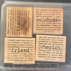 Stampin' Up! Wood Mounted Sentiment Stamp Set Thanks Celebrate Friend Cherish